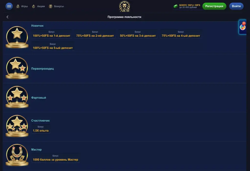 Программа лояльности Lev Casino